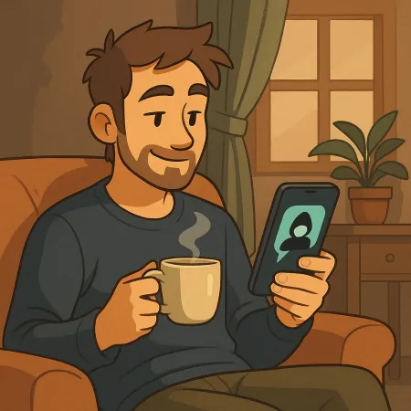Homem barbudo sentado confortavelmente em uma poltrona, segurando uma xícara de café fumegante em uma mão e um smartphone na outra. Ele sorri enquanto olha para a tela, onde aparece uma silhueta anônima. O ambiente interno é acolhedor, com uma planta, uma cortina e uma janela ao fundo.