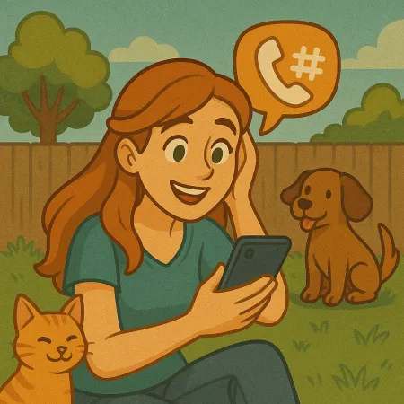 Mulher ruiva sentada na grama em um jardim, sorrindo enquanto olha para seu smartphone. Um gato laranja está aconchegado ao seu lado e um cachorro marrom está sentado nas proximidades. Uma bolha de diálogo contendo um ícone de telefone e um cerquilha flutua acima dela, sugerindo uma conversa telefônica.