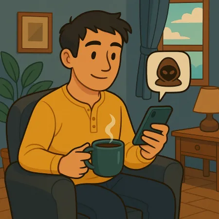 Homem sentado confortavelmente em uma cadeira, segurando uma xícara de café fumegante e consultando seu smartphone, com uma bolha de mensagem exibindo um ícone de máscara anônima ou de hacker, em uma sala acolhedora com janela, lâmpada e planta.