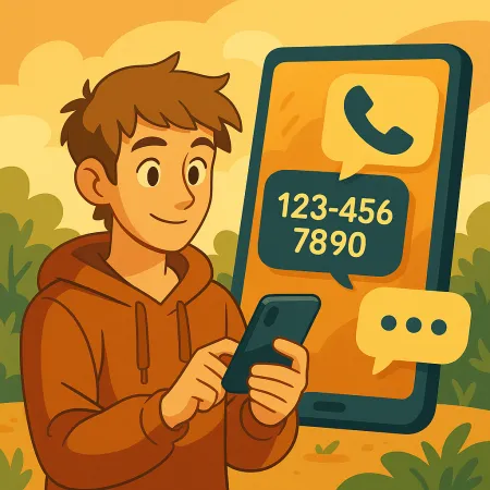 Jovem sorridente com moletom usando seu smartphone, com uma grande tela de telefone ao fundo exibindo um ícone de chamada e um número de telefone fictício (123-456-7890), em um cenário externo estilizado e acolhedor