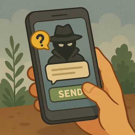 Mão segurando um smartphone exibindo um personagem mascarado com capa e chapéu, representando um remetente anônimo. Uma bolha de diálogo com um ponto de interrogação está visível, assim como um botão verde marcado 'ENVIAR', sugerindo o envio de uma mensagem anônima