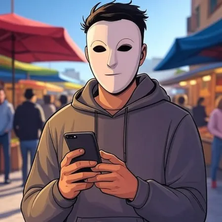 Um jovem de estilo animado usando uma máscara branca e um moletom cinza, olhando para seu telefone em um mercado ao ar livre.