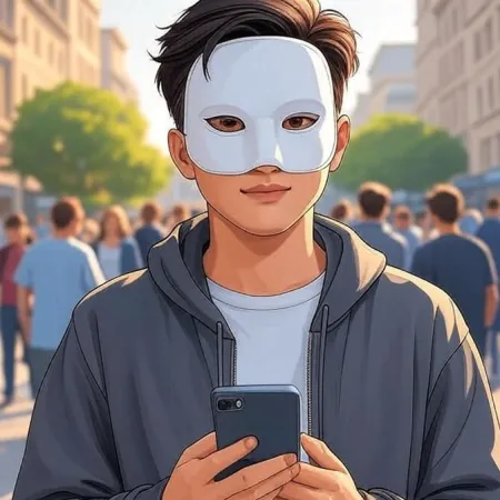 Um jovem estilizado com um máscara branca e um moletom cinza, olha para a câmera enquanto segura um smartphone em uma rua movimentada.