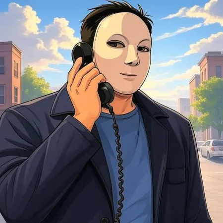 Um homem usando uma máscara branca, um casaco escuro e uma camiseta azul, fala no receptor de um telefone preto antigo, com uma rua da cidade ao fundo.