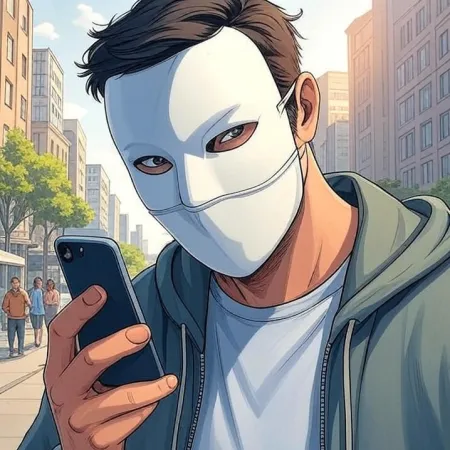 Um homem usando uma máscara branca e um moletom observa seu telefone celular em uma rua da cidade. A imagem é feita em um estilo de desenho animado ou quadrinhos.