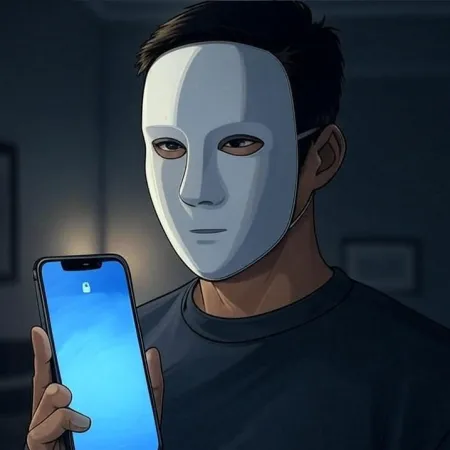 Pessoa usando uma máscara branca e segurando um smartphone com a tela de bloqueio acesa.