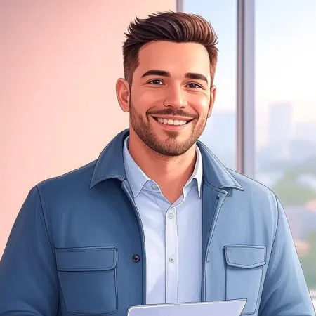 Um jovem sorridente em traje profissional casual em um escritório.
