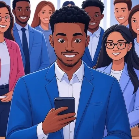 Ilustração de um jovem empresário negro sorrindo olhando para seu smartphone, com sua equipe ao fundo.