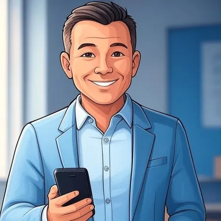 Ilustração de um homem de negócios sorridente em um terno azul segurando um smartphone.