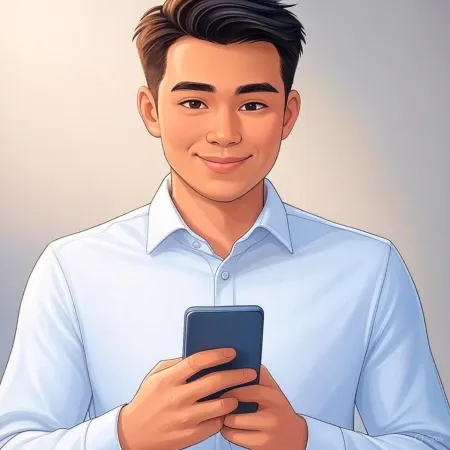 Ilustração de um homem de negócios sorridente em um terno azul segurando um smartphone.