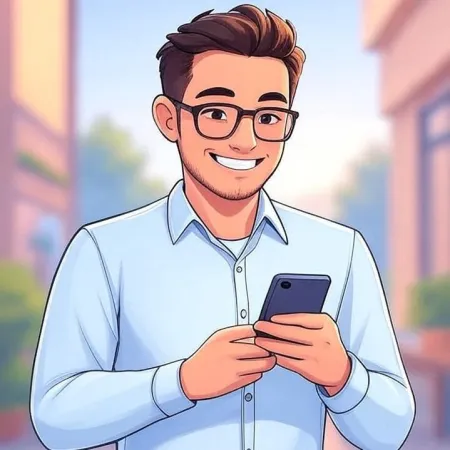 Jovem sorridente com óculos e camisa azul, olhando para seu smartphone.