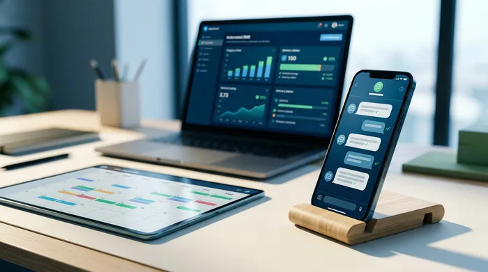 Uma imagem dividida em duas partes mostrando um smartphone: à esquerda, uma interface de mensagens com uma opção de agendamento de envio, e à direita, uma notificação de lembrete sobre uma mesa de madeira.