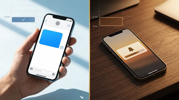 Um smartphone exibindo um aplicativo de mensagens sobre um balcão de salão de cabeleireiro de madeira clara, acompanhado de tesouras profissionais e produtos de beleza ao fundo.
