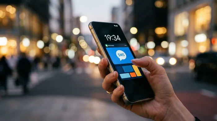 Uma pessoa segurando um smartphone que exibe um aplicativo de mensagens, sentada em uma mesa de trabalho com um notebook, um caderno de anotações e uma xícara de café.