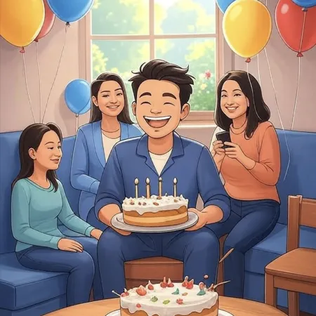 Homem sorridente segurando um bolo com cinco velas, cercado por pessoas próximas em uma sala decorada com balões coloridos.
