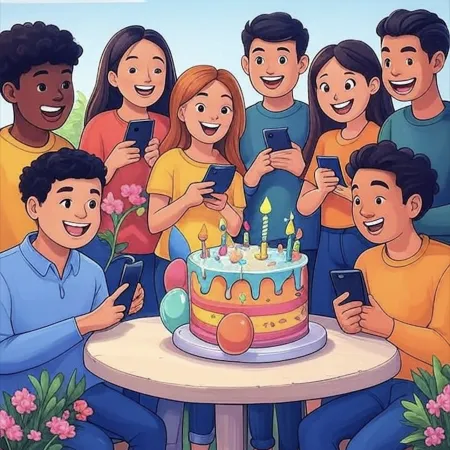 Grupo de jovens sorridentes cercando um bolo de aniversário colorido com velas, balões e decorações, enquanto seguram seus telefones.