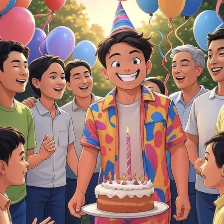 Menino sorridente com chapéu de festa segurando um bolo com uma vela única, cercado por convidados e balões coloridos ao ar livre.
