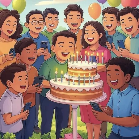 Grupo de pessoas sorridentes ao redor de um grande bolo de dois andares com várias velas acesas, tirando fotos com seus celulares.