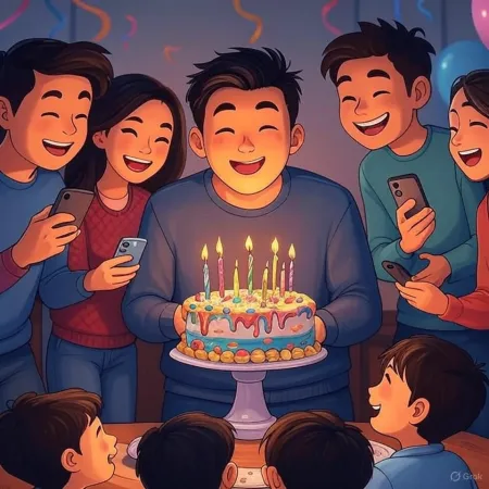 Ilustração de um aniversário onde um homem sorridente segura um bolo decorado com velas acesas, cercado por amigos e familiares tirando fotos com seus celulares.