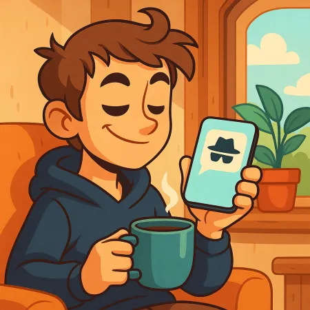 Ilustração de um jovem sorridente, sentado confortavelmente com uma xícara de café, segurando um smartphone exibindo um ícone de mensagem anônima com um chapéu e óculos escuros