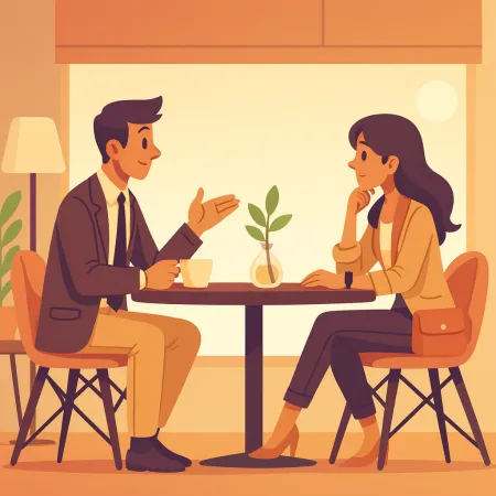 Ilustração de duas pessoas conversando cara a cara em um café, um homem de terno e uma mulher em um traje casual chique, sentados a uma mesa com uma pequena planta ao centro