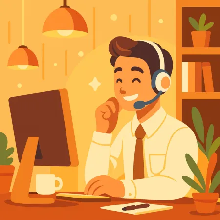 Ilustração de um homem sorridente usando fones de ouvido, trabalhando em um computador de mesa em um ambiente acolhedor e confortável, com plantas e uma xícara de café