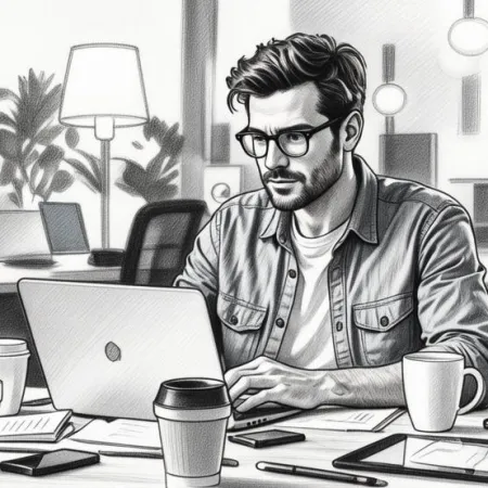 Ilustração em estilo esboço de um homem concentrado trabalhando em seu computador.